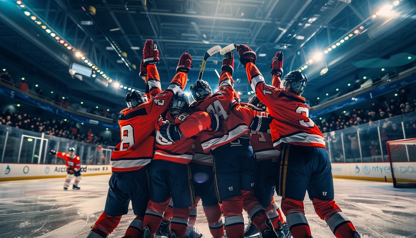 A hockey team celebrating a win