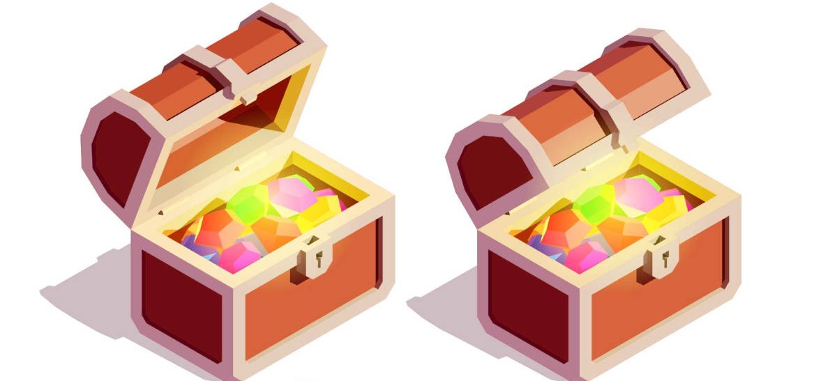 Four isometric treasure chests that contain loot in the form of gems and jewels. They represent rewards that can be achieved by engaging in gamification.