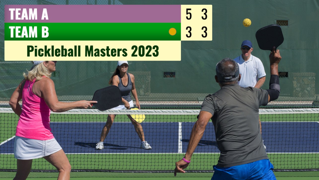 A pickleball game with a streaming scoreboard
