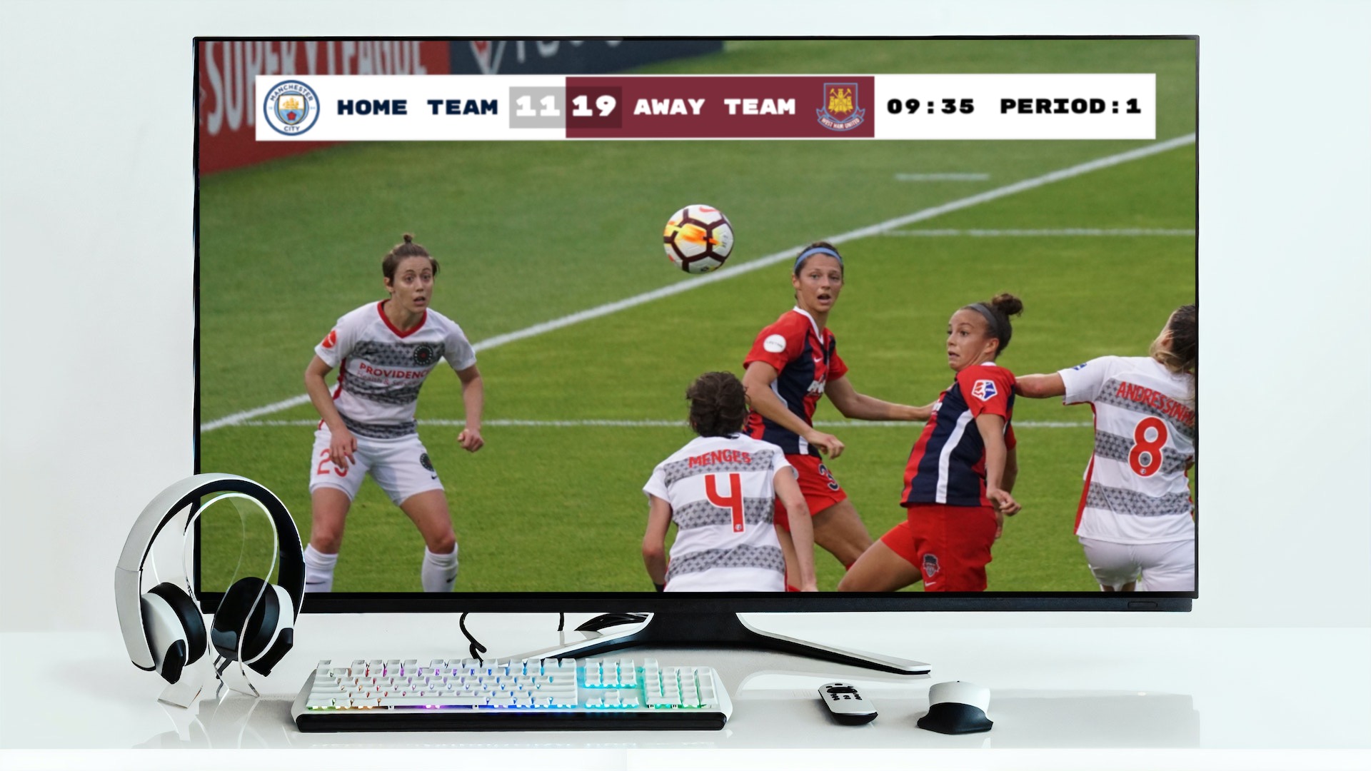 A soccer game being shown on a TV with a scoreboard overlay