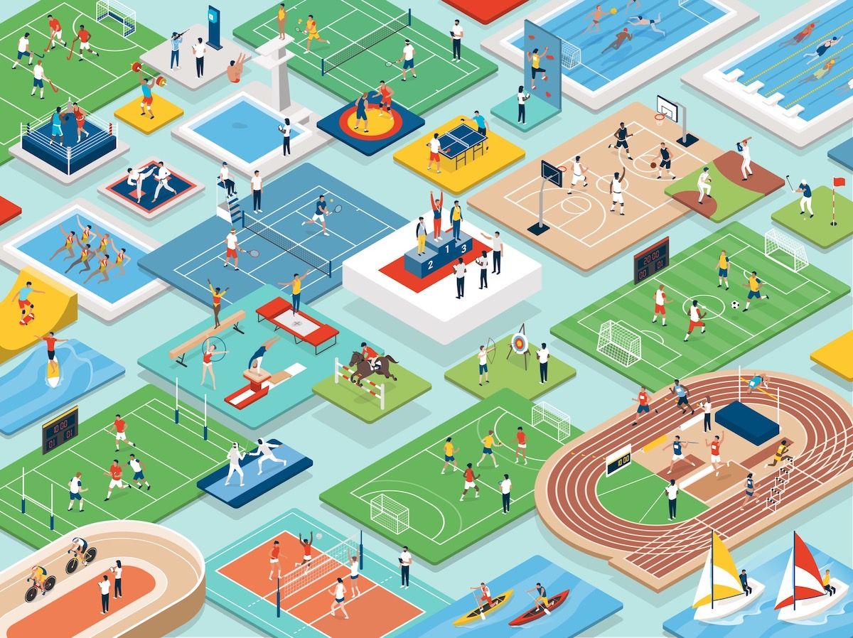 Different types of sports and games shown in an isometric style